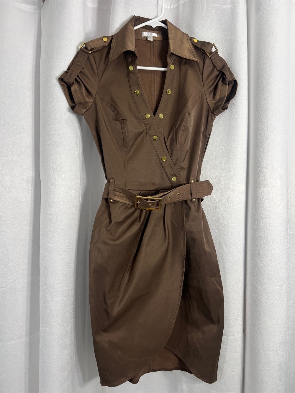 Cache sophisticated satin Tailored Brown Shirt Dress with Belt